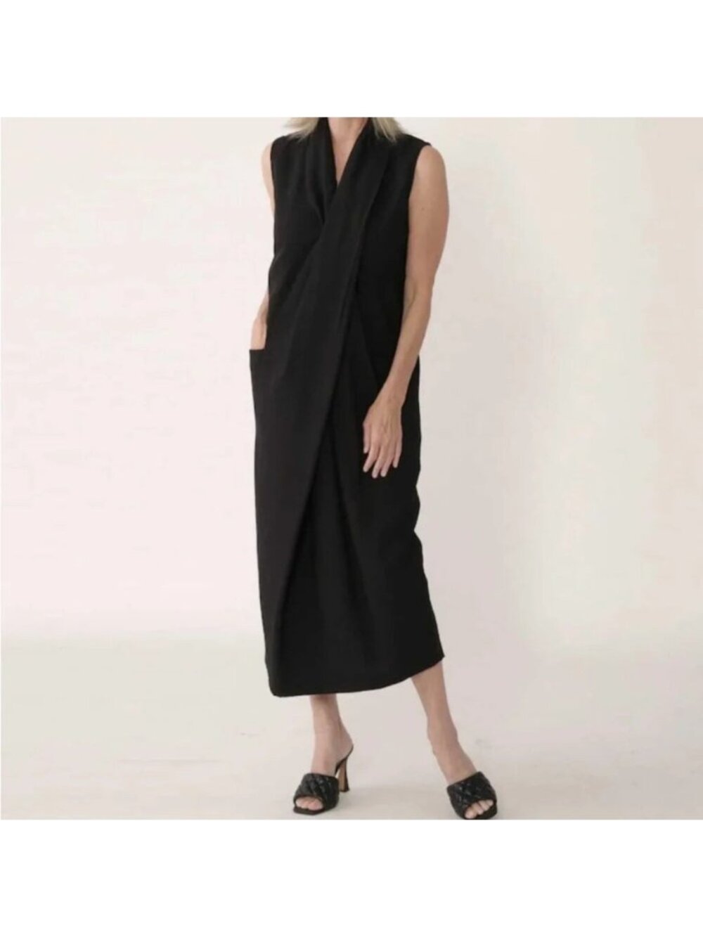Brian Bailey Black Beige Draped Midi Dress - Large